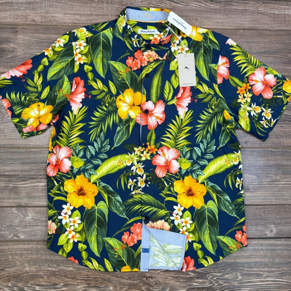Tommy Bahama Mens Size Large Shirt Midnight Hibiscus Island Navy Silk Floral NEW - Picture 2 of 9